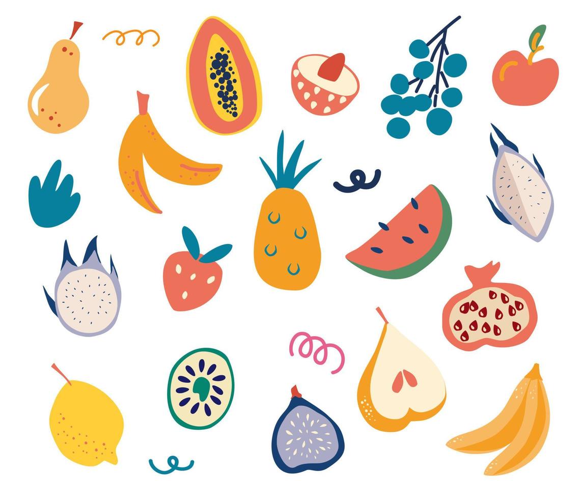 Fruit Set. Bananas, apples, pears, oranges, lemons, strawberries, papaya and others. Collection of various ripe juicy summer fruits. Healthy food. Vector hand draw illustration.