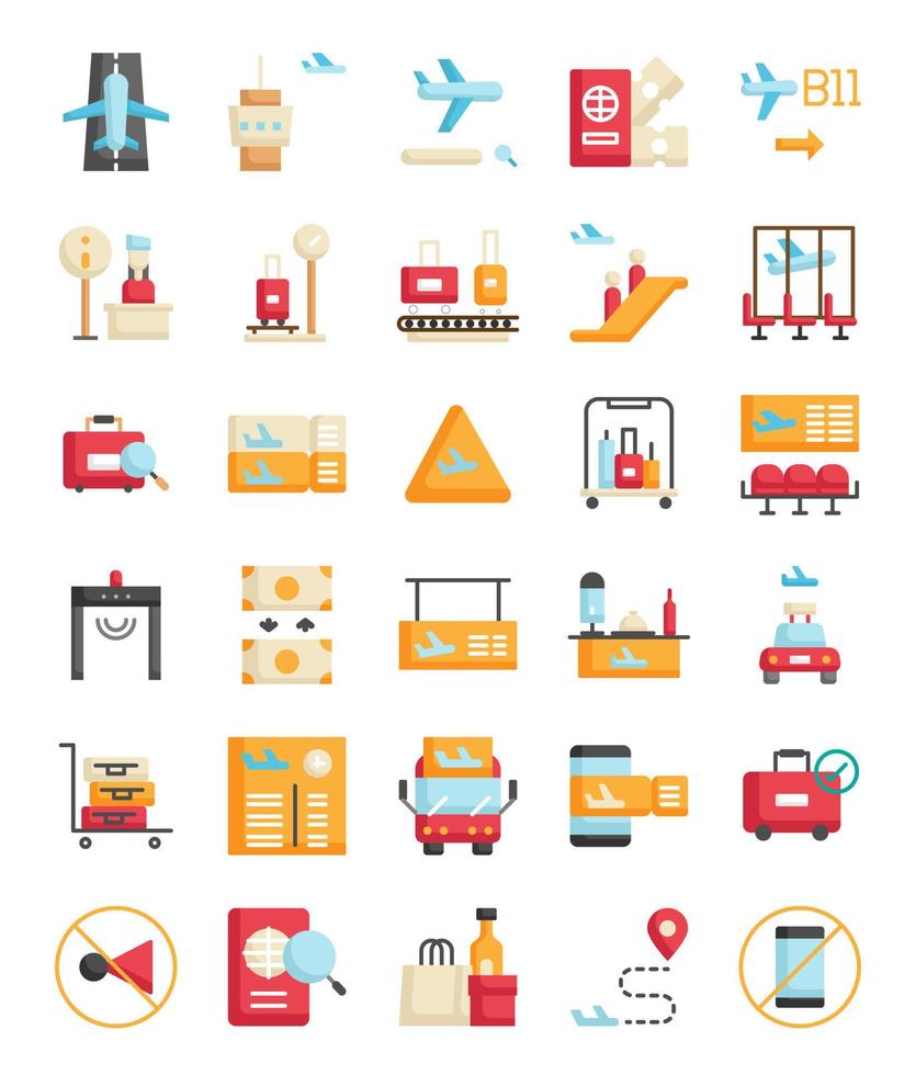 conjunto de iconos de aeropuerto plano vector