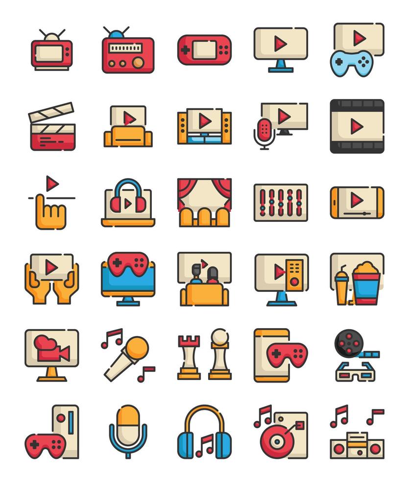 conjunto de icono de contorno lleno de entretenimiento vector