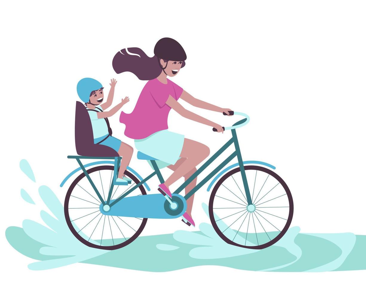 Mom rides a bike with her son in a chair on the trunk vector