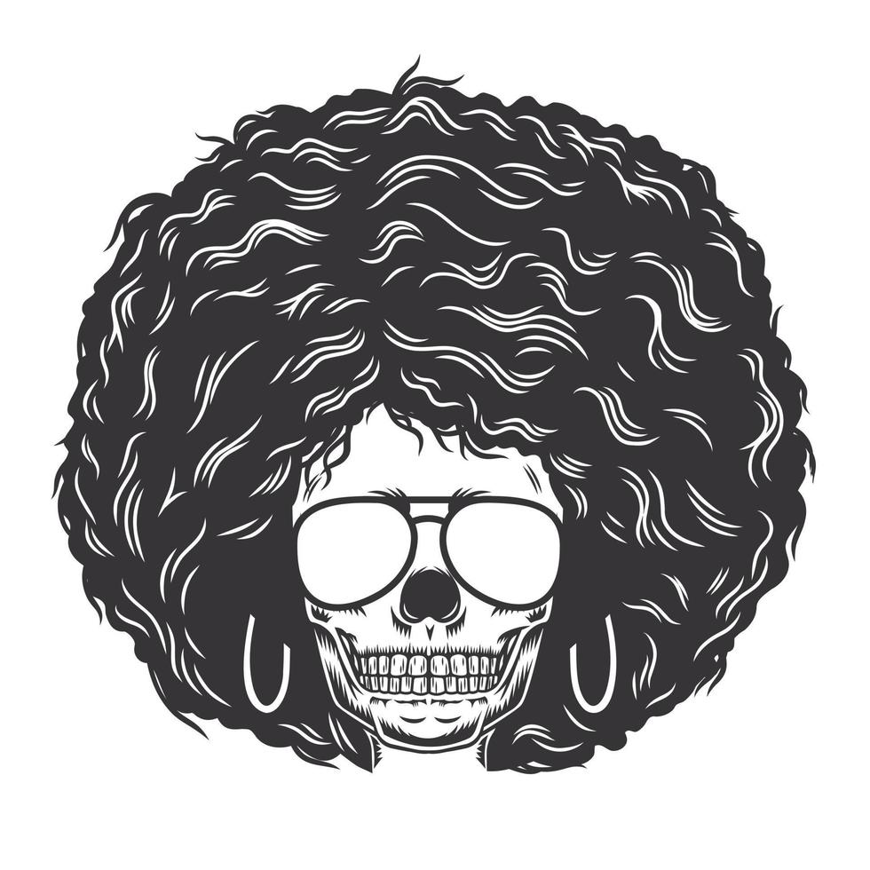 Cara de calavera de mujer con cabello afro y gafas de sol peinados vintage ilustración de arte de línea vectorial. vector