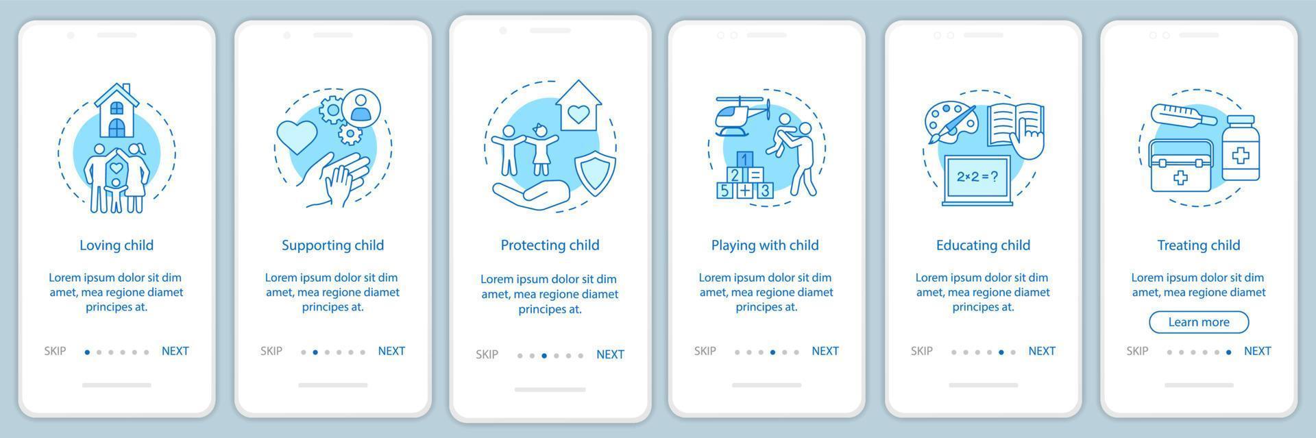 Child rights onboarding mobile app page screen vector template. Loving, supporting, protecting, treating. Walkthrough website steps with linear illustrations. UX, UI, GUI smartphone interface concept