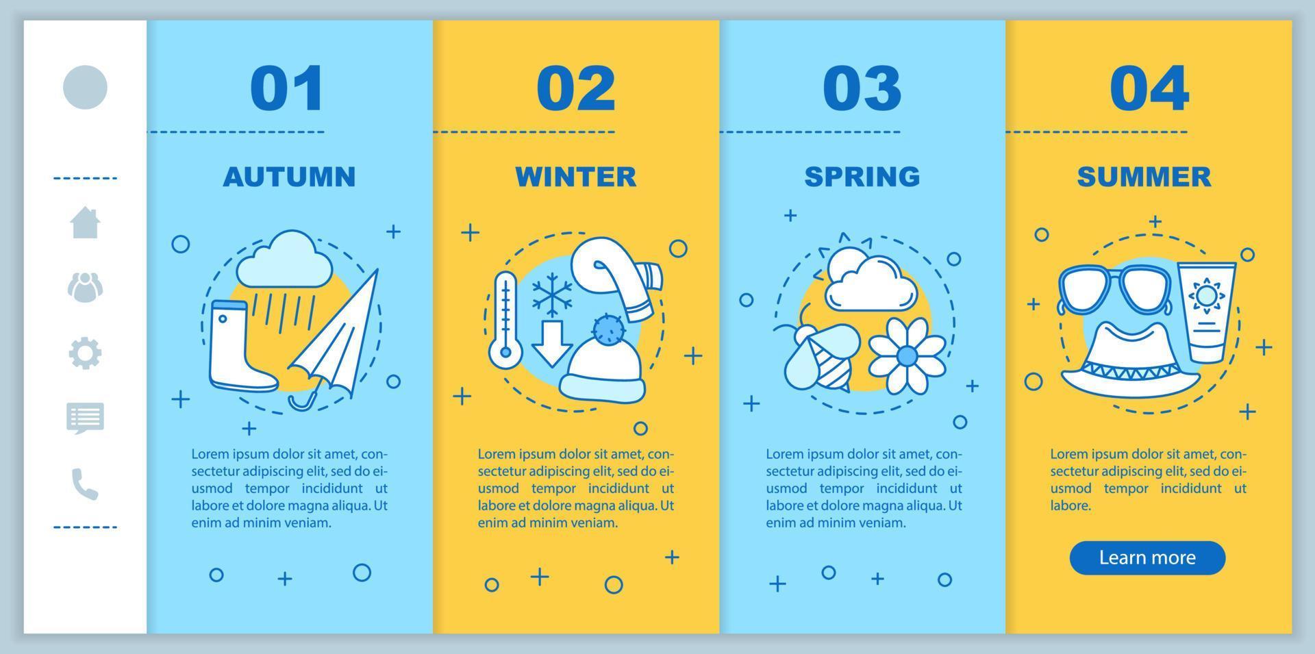 Four seasons onboarding mobile web pages vector template. Responsive smartphone website interface idea with linear illustrations. Spring, autumn webpage walkthrough step screens. Color concept