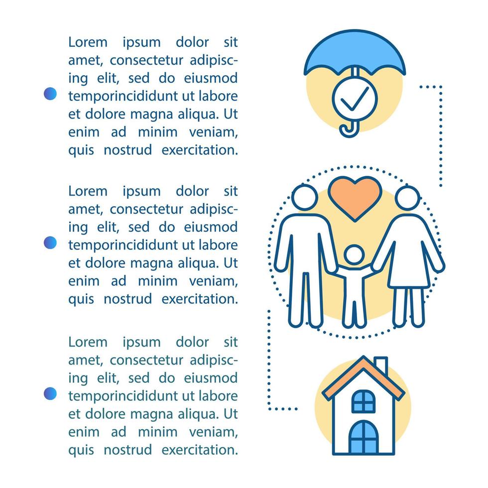 Family insurance article page vector template. Positive parenting. Brochure, magazine, booklet design element with linear icons and text boxes. Print design. Concept illustrations with text space