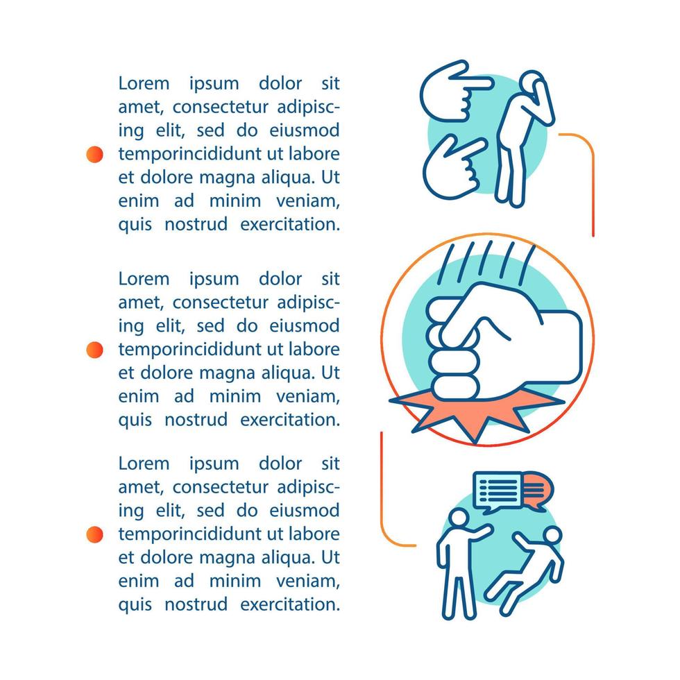 Conflicts article page vector template. Bullying, quarrel, fight. Brochure, magazine, booklet design element with linear icons and text boxes. Print design. Concept illustrations with text space