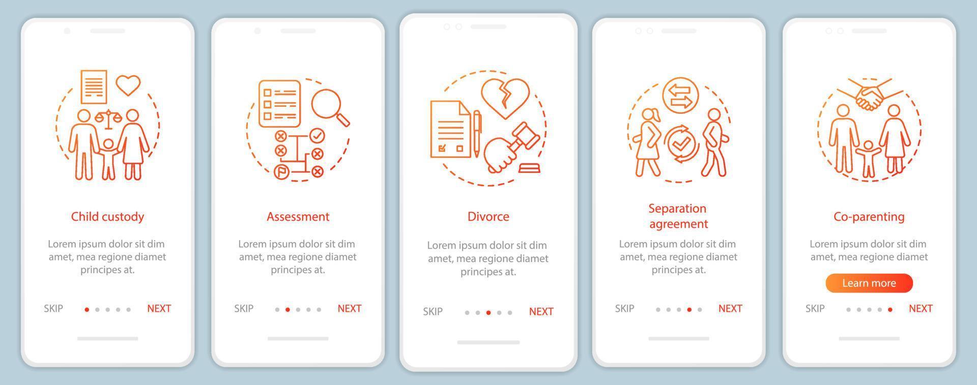 Mediation onboarding mobile app page screen with linear concept. Child custody, assessment, divorce, co-parenting walkthrough steps graphic instructions. UX, UI, GUI vector template with illustrations