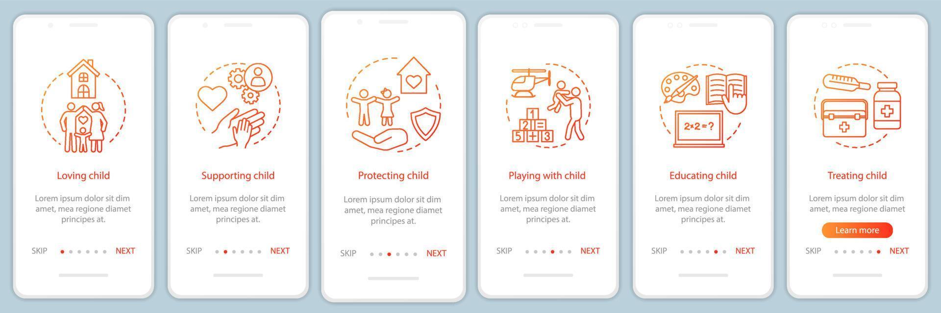 Child rights onboarding mobile app page screen with linear concepts. Loving, supporting, protecting, treating walkthrough steps graphic instructions. UX, UI, GUI vector template with illustrations