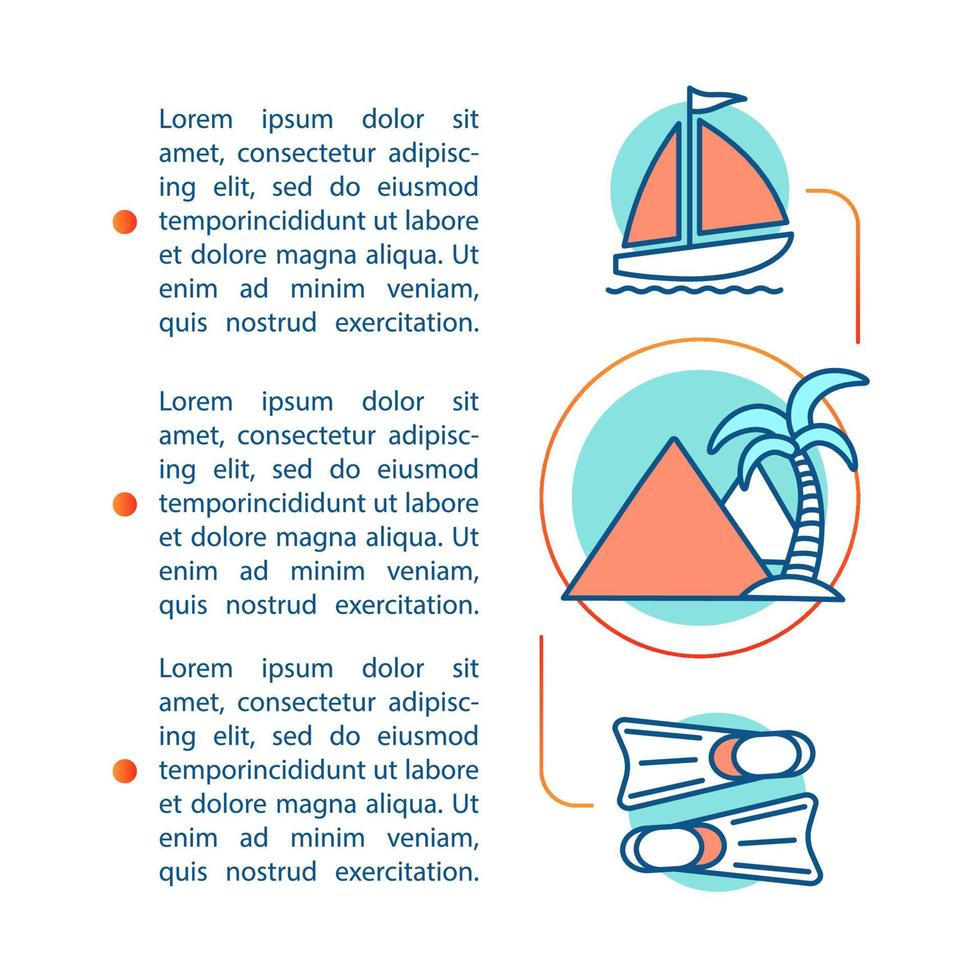 Summer rest article page vector template. Journey, vacation. Sea resort. Brochure, magazine, booklet design element with linear icons, text boxes. Print design. Concept illustrations with text space
