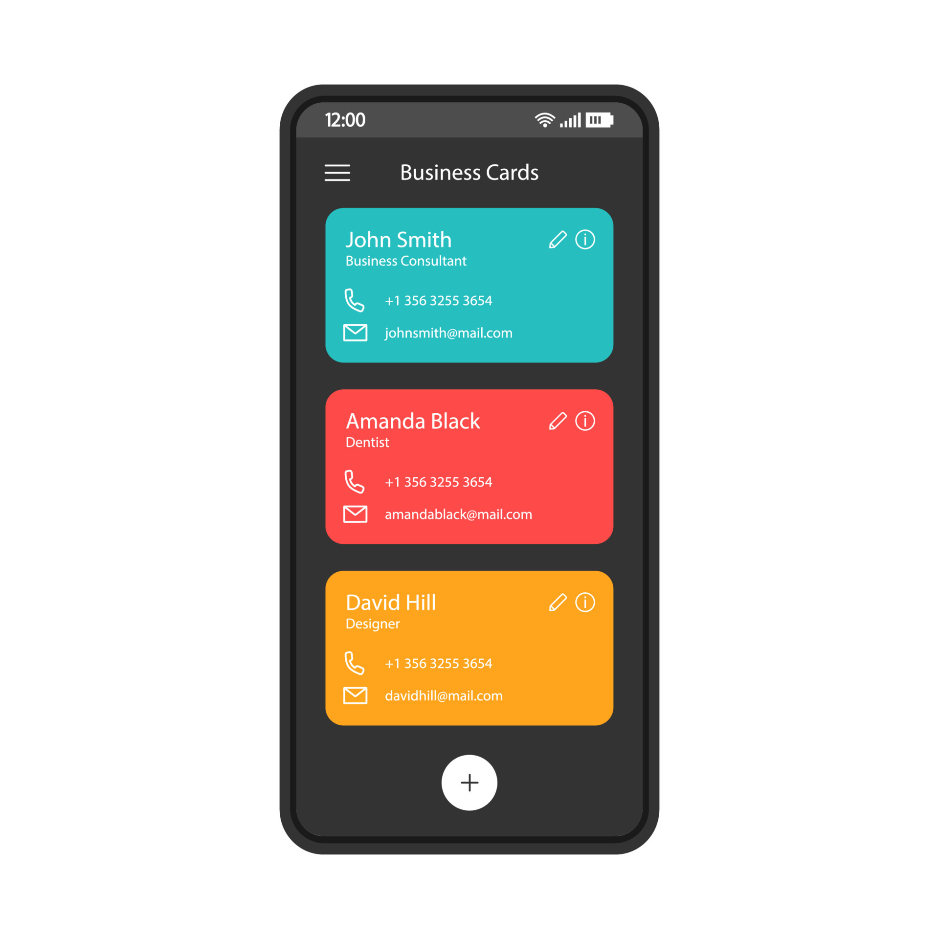 Contact list smartphone interface vector template. Business cards