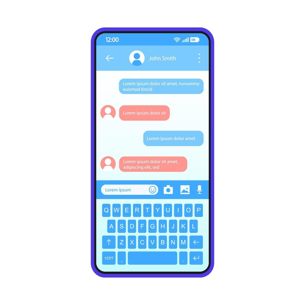 Smartphone chat interface vector template. Mobile app interface blue design layout. SMS messenger screen. Flat UI for message application. Social media. Dialog, conversation. Phone display