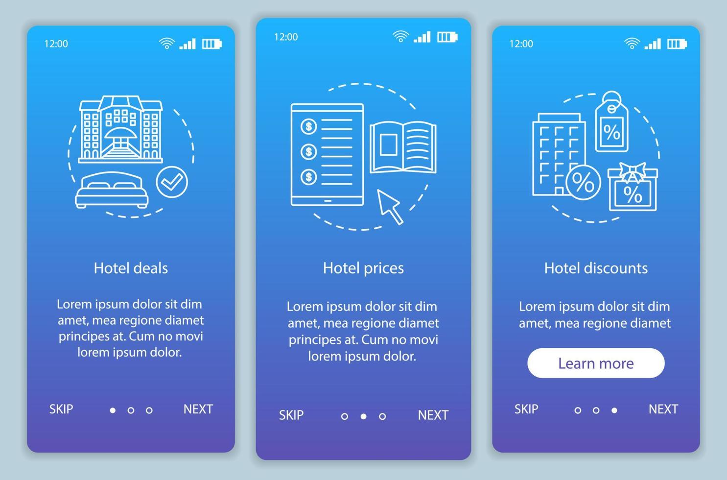 Hotel online booking onboarding mobile app page screen vector template. Hotel deals, prices, discounts. Walkthrough website steps with linear illustrations. UX, UI, GUI smartphone interface concept