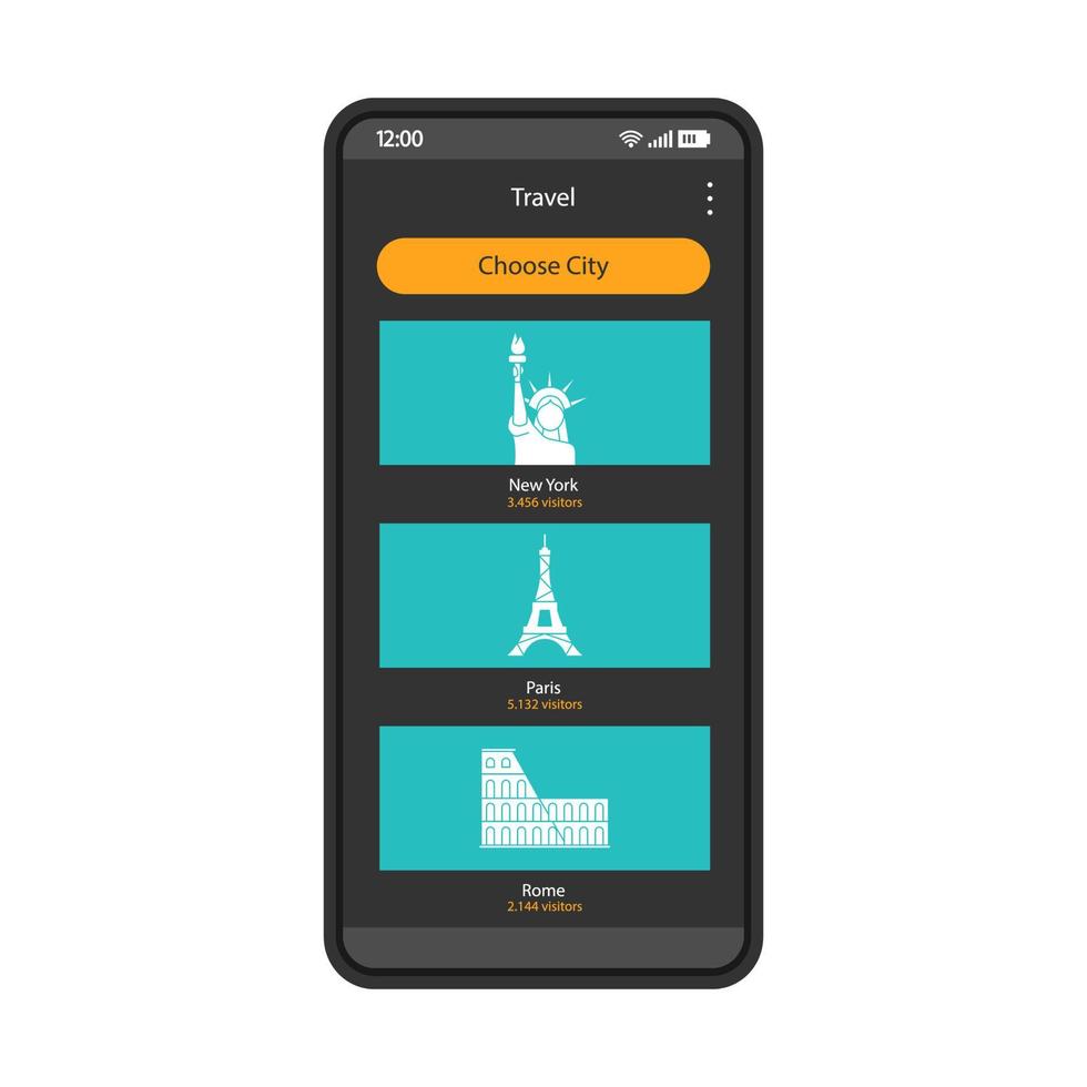 Tourism smartphone interface vector template. Trip planning app. Mobile application interface black design layout. Travel agency website screen. Sightseeing tour. Choosing city. Flat UI. Phone display