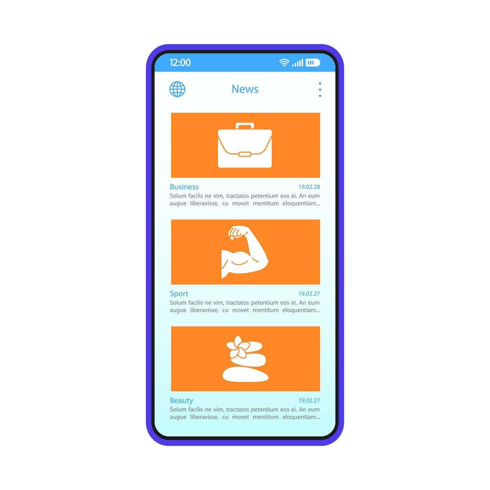 News feed smartphone interface vector template. Mobile app blue design layout. Articles list screen. Entertainment content. Business, sport, beauty news. Electronic newspaper. Flat UI. Phone display