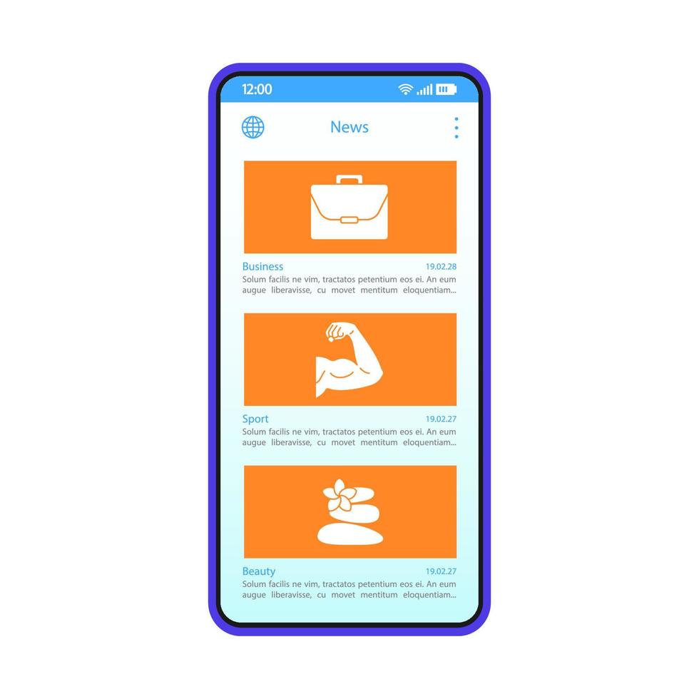 Plantilla de vector de interfaz de teléfono inteligente de alimentación de noticias. diseño de diseño azul de la aplicación móvil. pantalla de lista de artículos. contenido de entretenimiento. noticias de negocios, deporte, belleza. Periódico electrónico. ui plana. pantalla del teléfono