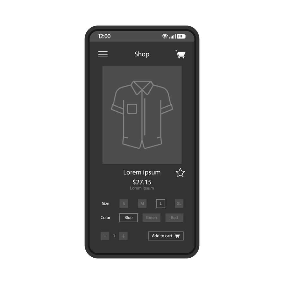 plantilla de vector de interfaz de teléfono inteligente de tienda de mensewear. tienda de ropa por internet. diseño de la página de la aplicación móvil. pantalla del sitio de ropa masculina y accesorios. realizar pedido. interfaz de usuario plana para la aplicación. pantalla del teléfono