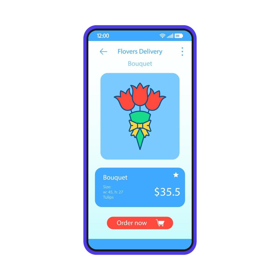 Plantilla de vector de interfaz de aplicación de entrega de flores. interfaz de la aplicación móvil diseño de diseño azul. servicio de compra de flores para teléfonos inteligentes. ui plana. Pantalla del teléfono con pedido de ramo de tulipanes