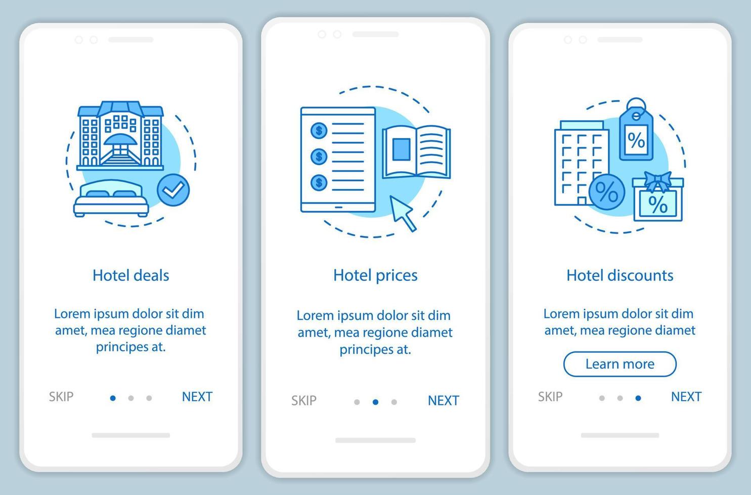 hotel, reserva en línea, incorporación, aplicación móvil, página, pantalla, vector, plantilla. ofertas de hoteles, precios, descuentos. paso a paso del sitio web con ilustraciones lineales. concepto de interfaz de teléfono inteligente ux, ui, gui vector