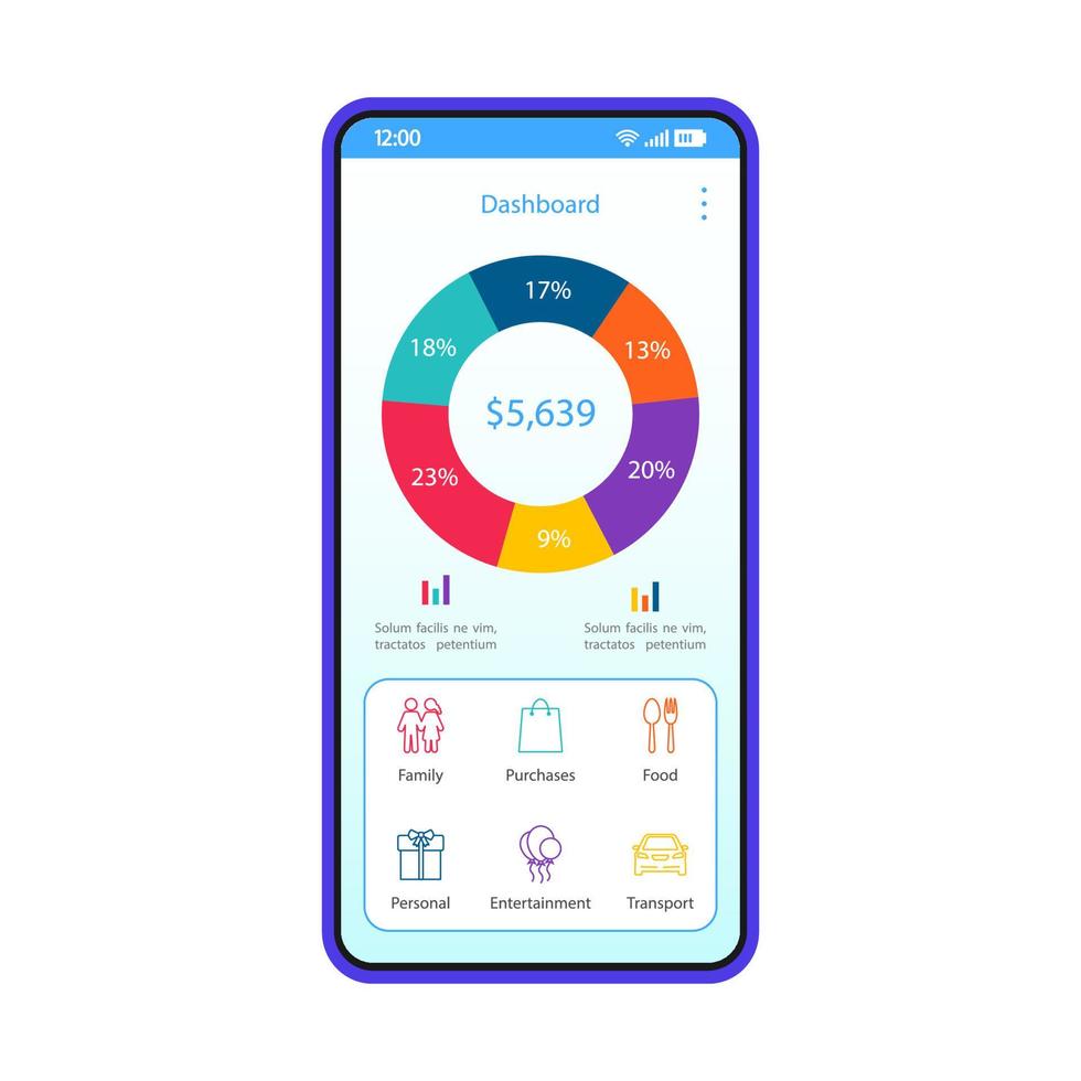 Smartphone dashboard interface vector template. Mobile app productivity page blue design layout. Statistics screen. Flat application UI. Phone display with applications analytics diagram