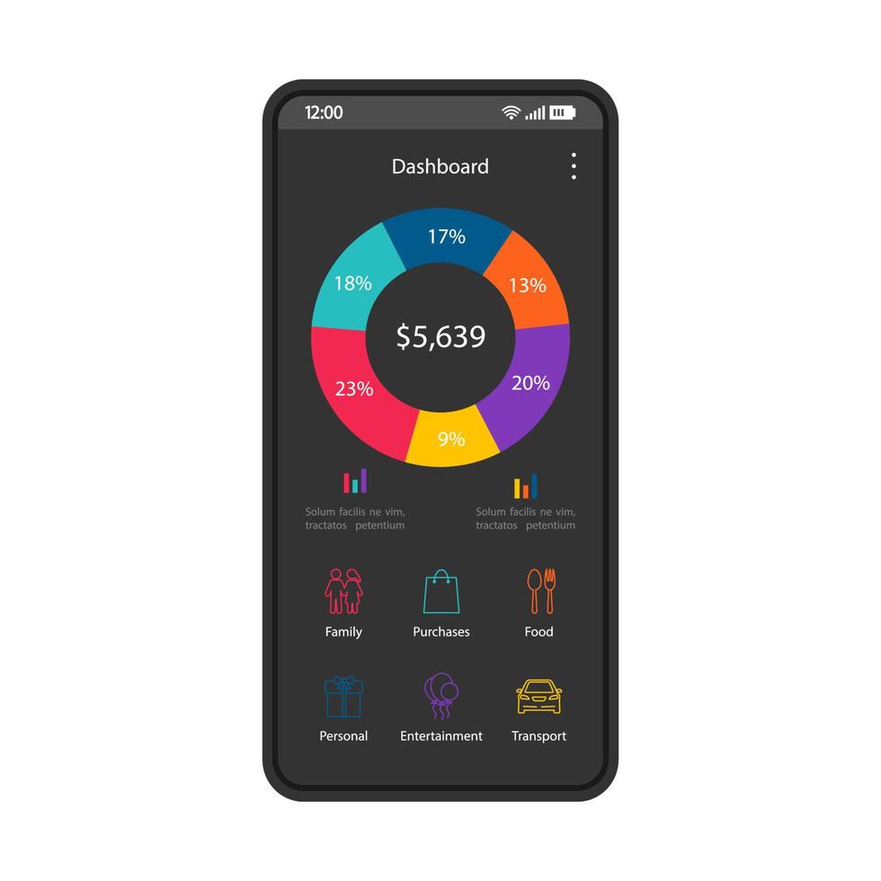 Smartphone dashboard interface vector template. Mobile app productivity page black design layout. Statistics screen. Flat application UI. Phone display with applications analytics diagram