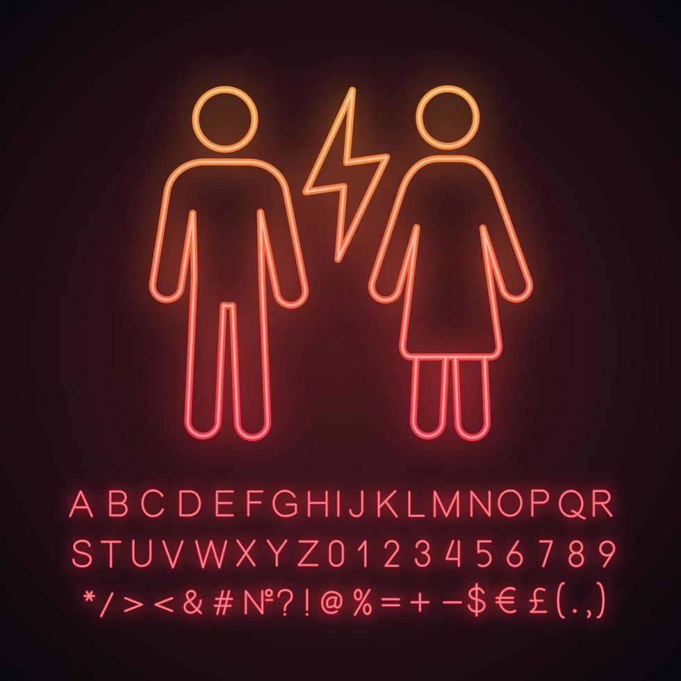 Couple quarrel neon light icon. Husband and wife arguing. Parental conflict. Divorce. Misunderstanding. Glowing sign with alphabet, numbers and symbols. Vector isolated illustration