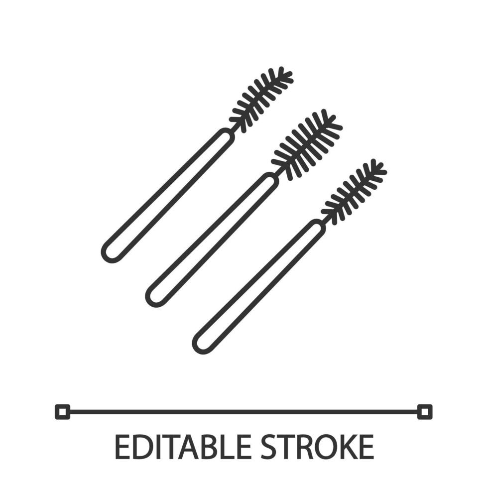 Disposable mascara wands linear icon. Thin line illustration. Eyelashes brushes types. Lash spooler. Eyelash extension applicator. Contour symbol. Vector isolated outline drawing. Editable stroke