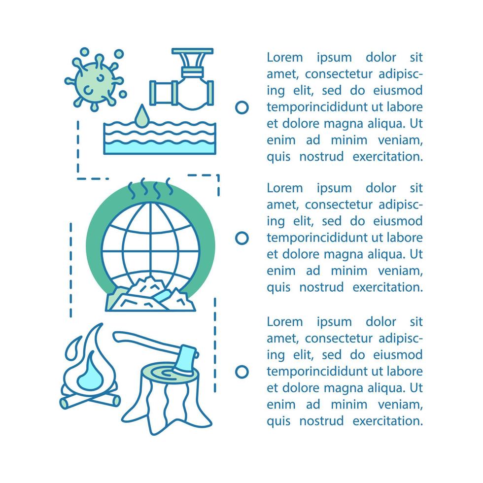 Environmental issues article page vector template. Global problems. Brochure, magazine, booklet design element with text boxes. Planet saving. Deforestation, warming, pollution. Print design