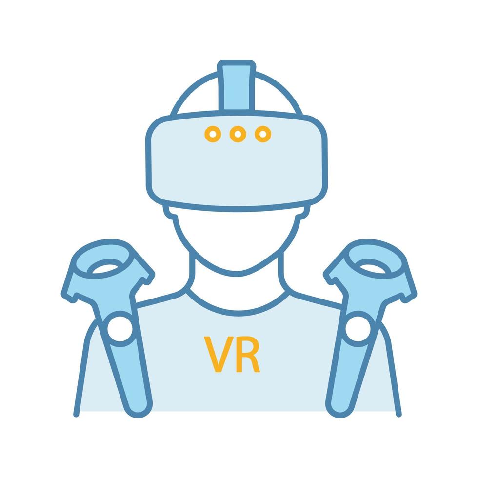 VR player color icon. Virtual reality player. Man with VR mask, glasses, headset and wireless controllers. Isolated vector illustration