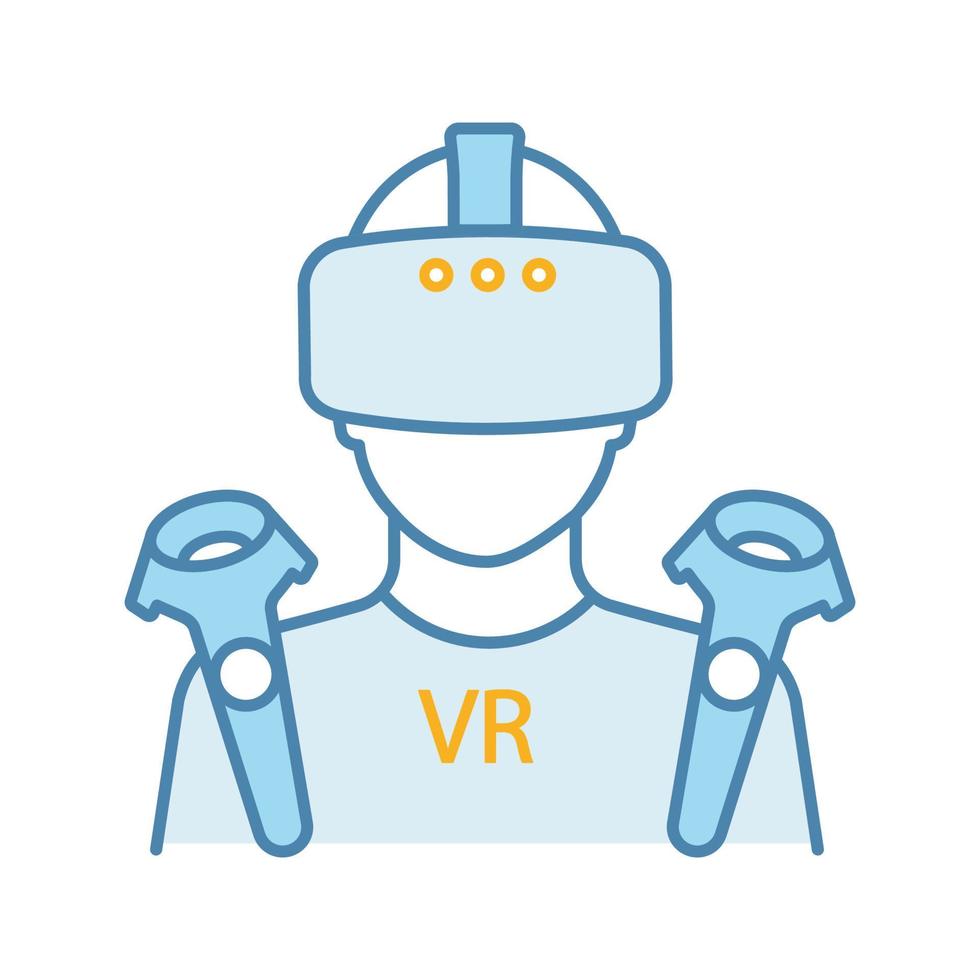 VR player color icon. Virtual reality player. Man with VR mask, glasses, headset and wireless controllers. Isolated vector illustration