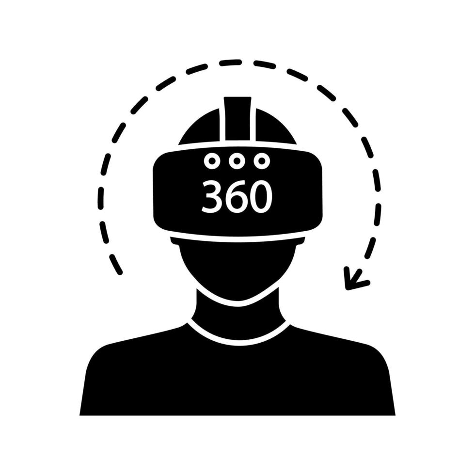 icono de glifo de video de realidad virtual. símbolo de silueta. Video de 360 grados. jugador con máscara vr, gafas, auriculares y flecha de rotación. Área de juegos de realidad virtual. espacio negativo. vector ilustración aislada