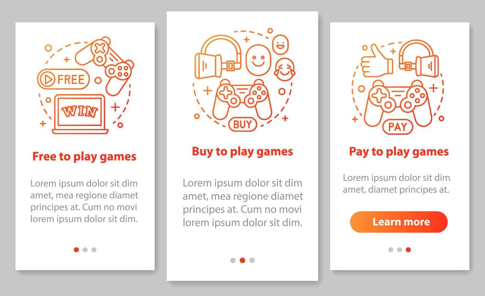 Buying apps and games onboarding mobile page screen with linear concepts. Free, pay to play walkthrough steps graphic instructions. UX, UI, GUI vector template with illustrations
