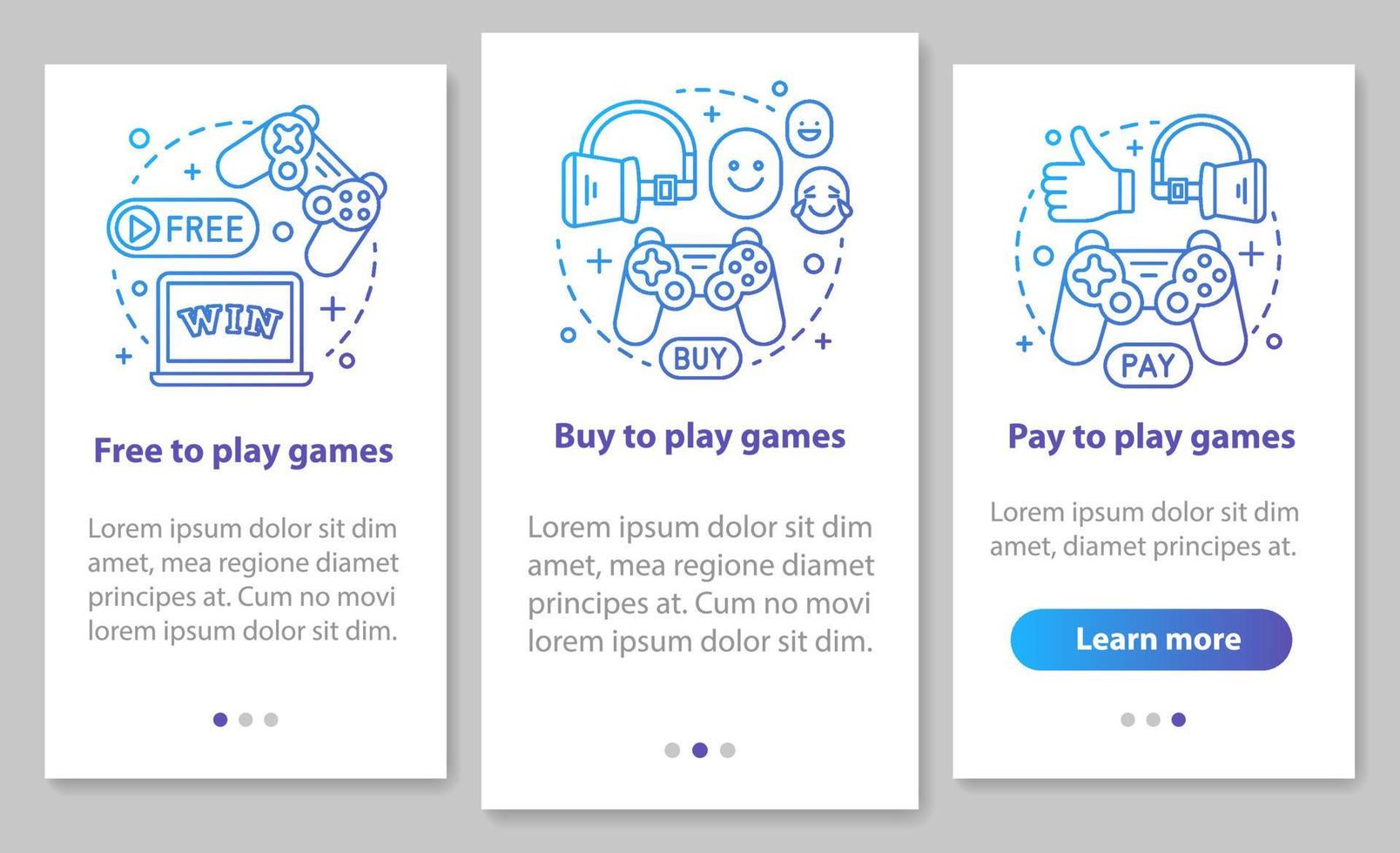 Buying apps and games onboarding mobile page screen with linear concepts. Free, pay to play walkthrough steps graphic instructions. UX, UI, GUI vector template with illustrations