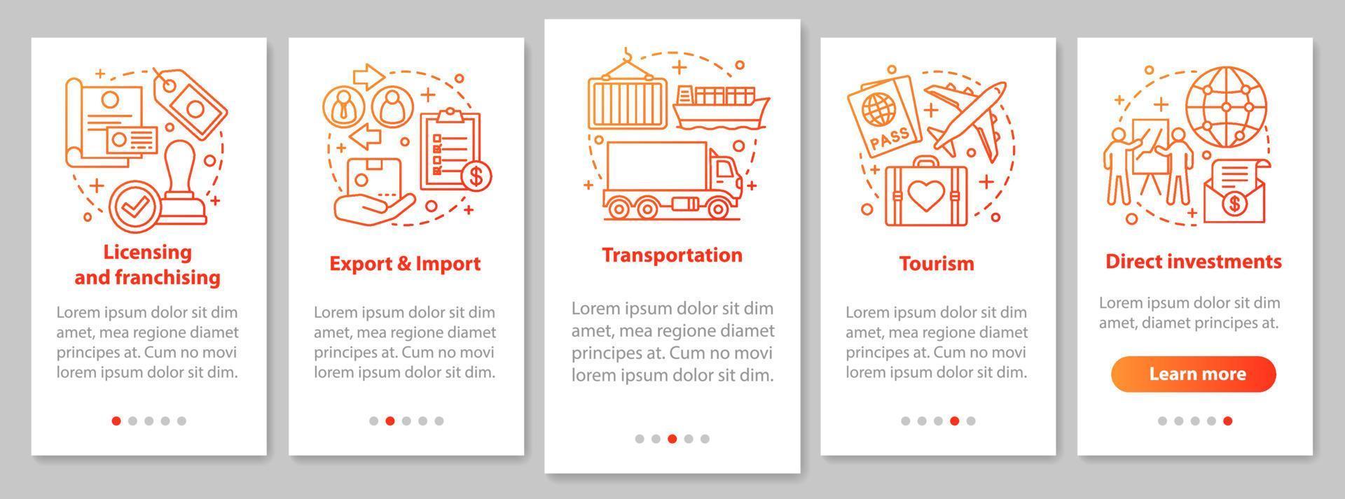 International business onboarding mobile app page screen with linear concepts. Global trading. Export, import, tourism, franchising walkthrough steps. UX, UI, GUI vector template with illustrations