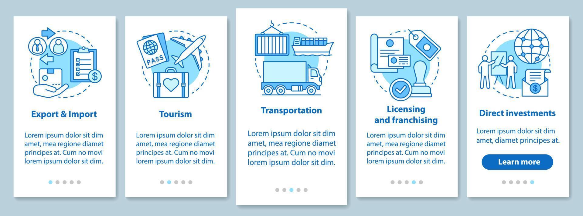 International business onboarding mobile app page screen with linear concepts. Global trading. Franchising walkthrough steps graphic instructions. UX, UI, GUI vector template with illustrations