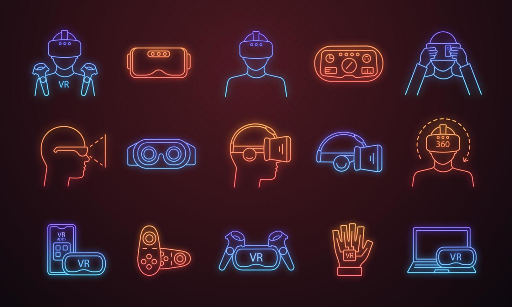 Virtual reality neon light icons set. VR games, apps, headset, controllers, players. Virtual reality devices. Glowing signs. Vector isolated illustrations