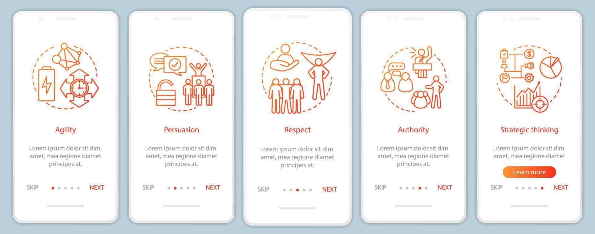 Leadership qualities onboarding mobile app page screen vector template. HR soft skills. Agility, authority, persuasion walkthrough website steps. UX, UI, GUI smartphone interface concept
