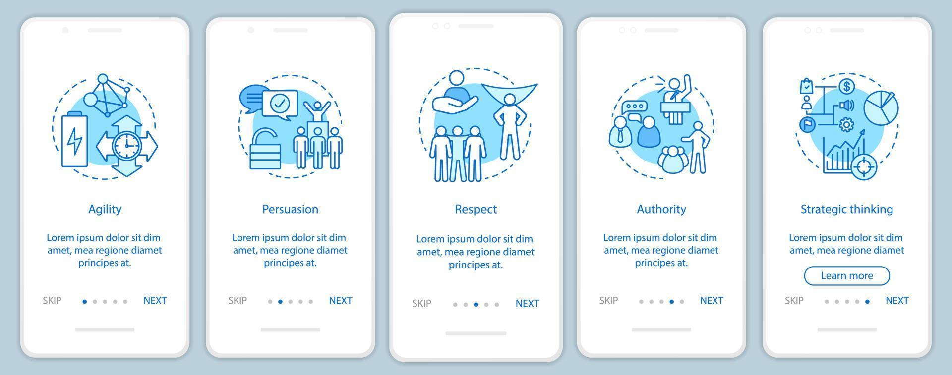 Leader skills onboarding mobile app page screen vector template. HR soft qualities, abilities. Respect, authority, persuasion walkthrough website steps. UX, UI, GUI smartphone interface concept