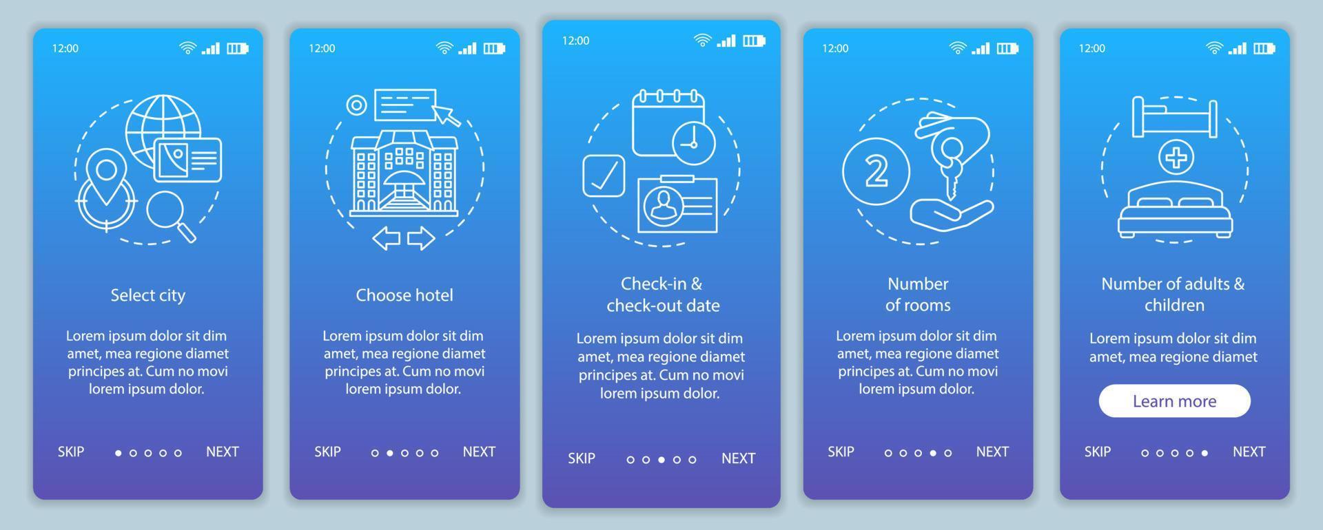 plantilla de vector de pantalla de página de aplicación móvil de incorporación de reserva de hotel. Pasos del sitio web del tutorial de planificación de viajes. eligiendo alojamiento, apartamento. albergue, motel. concepto de interfaz de teléfono inteligente ux, ui, gui