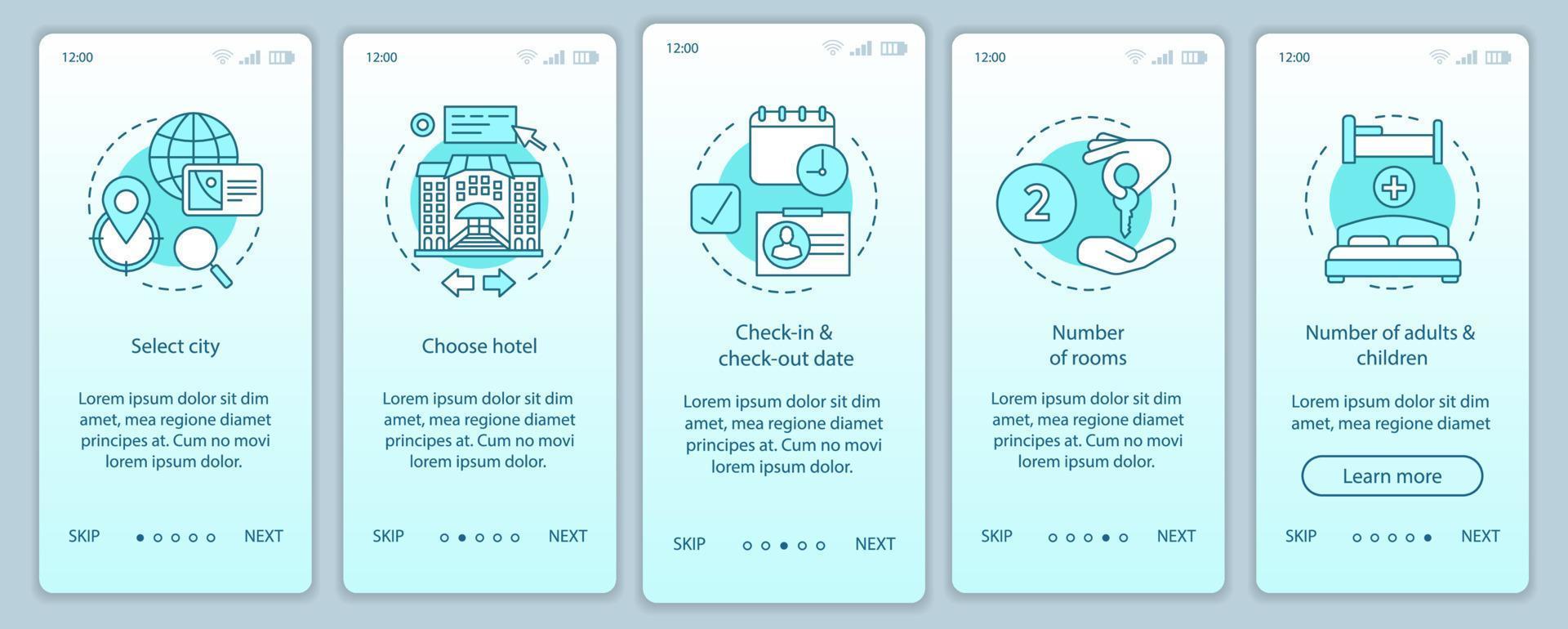 Hotel choosing onboarding mobile app page screen vector template. Trip planning walkthrough website steps. Booking accommodation, apartment. Hostel, motel reservation. UX, UI, GUI smartphone interface