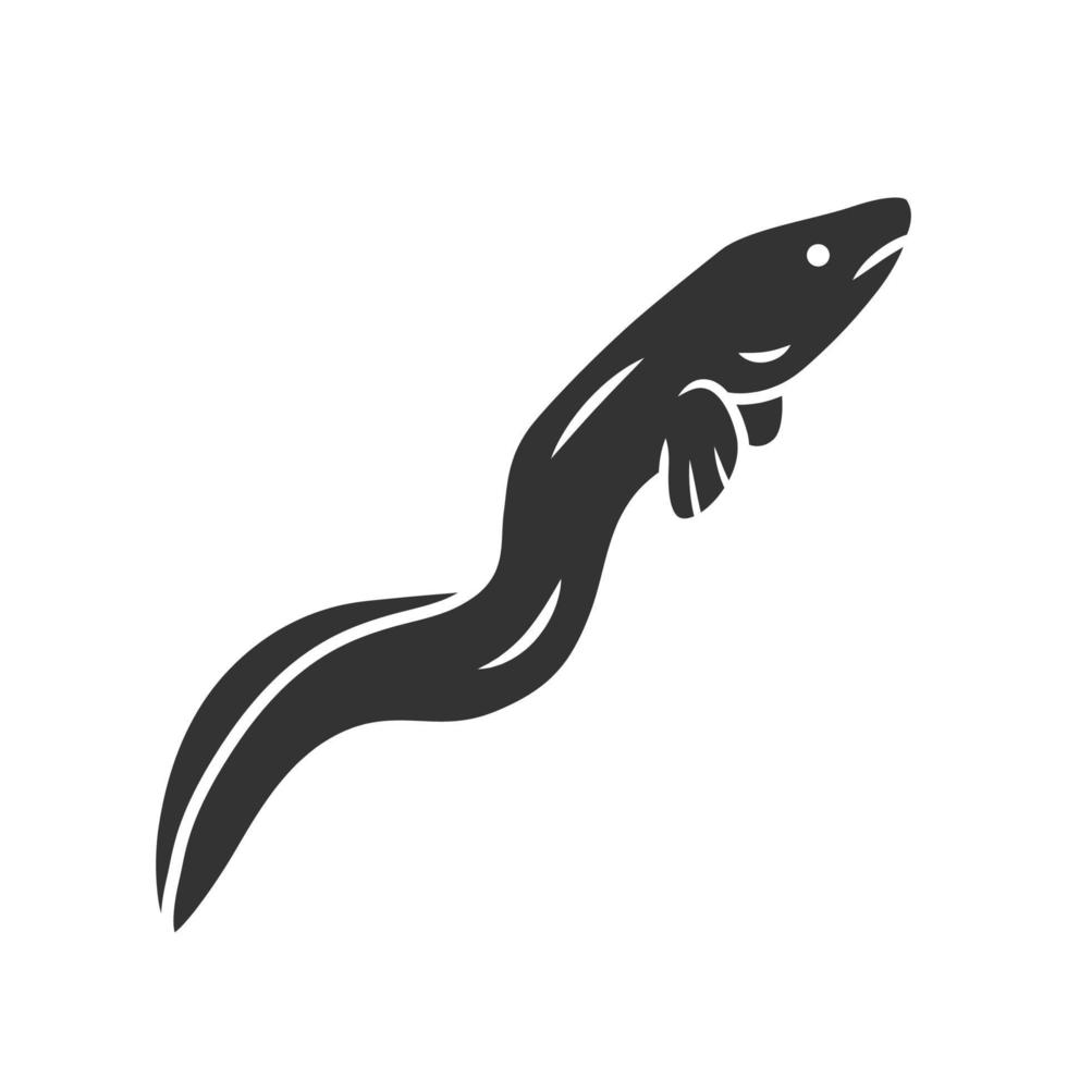 Eel glyph icon. Floating snakelike fish. Sea underwater animal. Asian seafood, sushi ingredient. Snake shape creature swimming in ocean. Silhouette symbol. Negative space. Vector isolated illustration