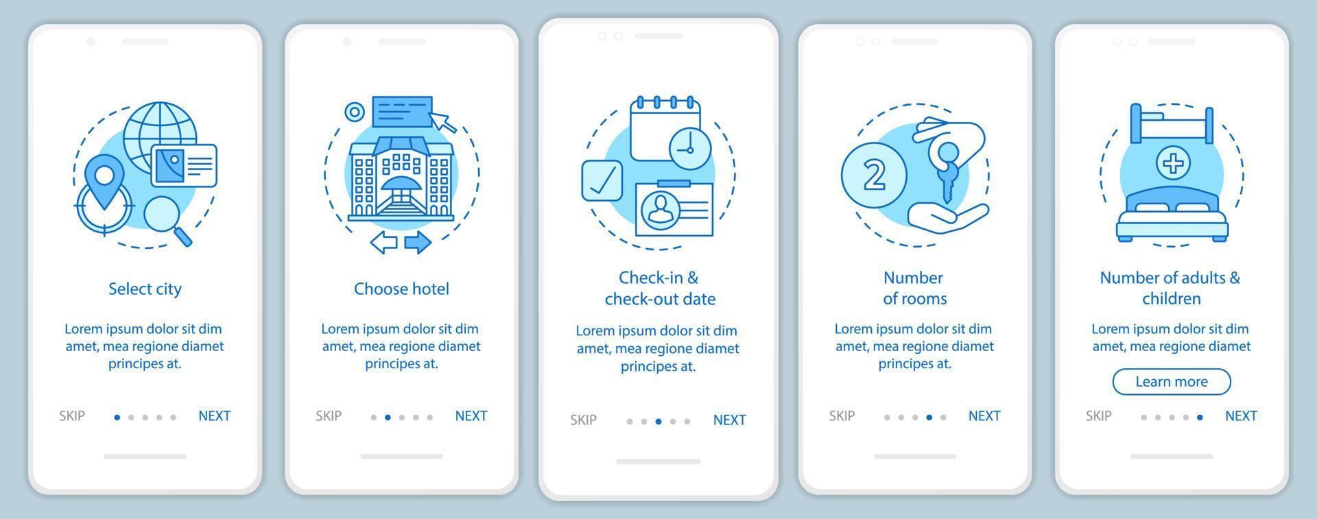 Accommodation booking onboarding mobile app screen vector template. Travel planning walkthrough website steps. Choosing hotel, apartment. Hostel, motel reservation. UX, UI, GUI smartphone interface