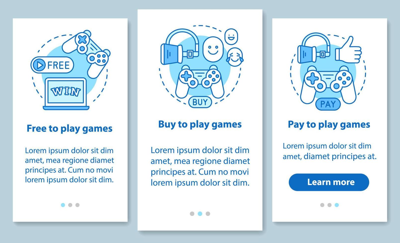 Buying apps and games onboarding mobile page screen with linear concepts. Free, pay to play walkthrough steps graphic instructions. UX, UI, GUI vector template with illustrations