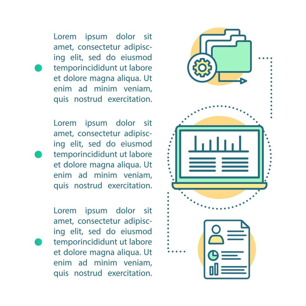 Data storage and management article page vector template. Statistcs, analytics. Brochure, magazine, booklet design with text boxes. Database. Print design. Concept illustrations with text space