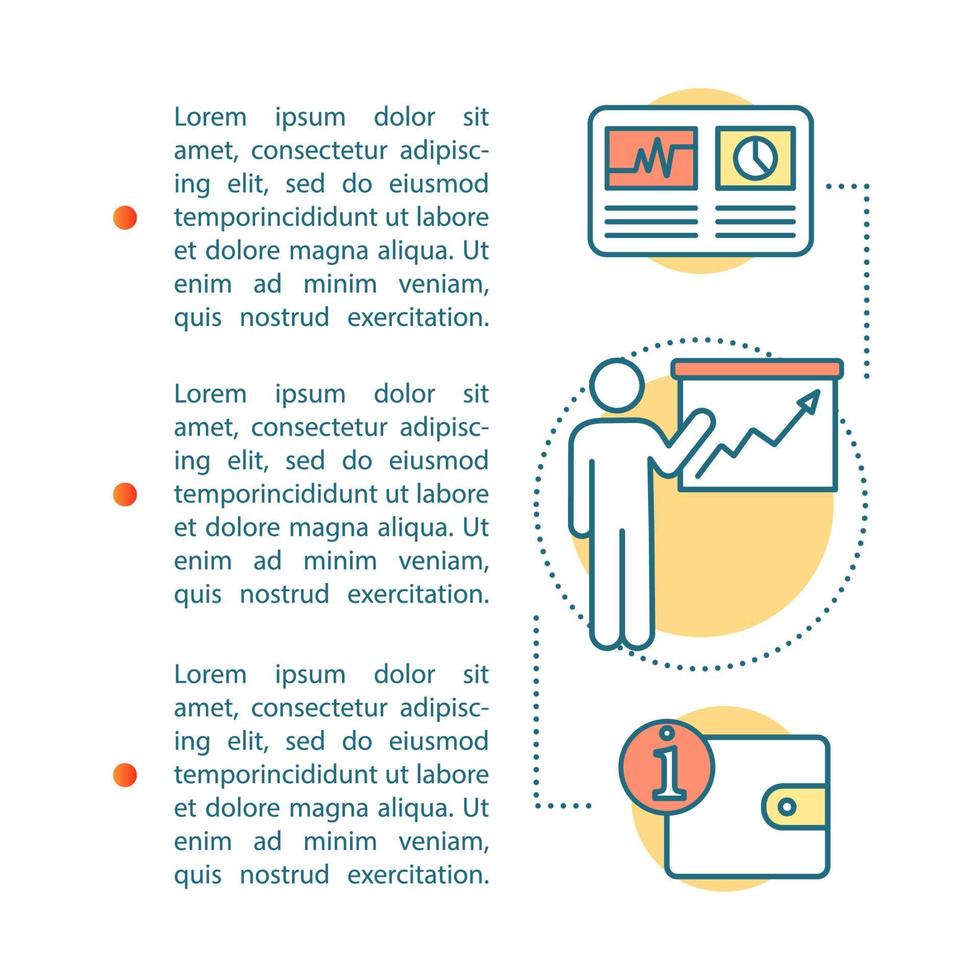 Business presentation article page vector template. Data analyzing. Brochure, magazine, booklet with text. Financial statistics, analytics. Business metrics. Concept illustrations with text space