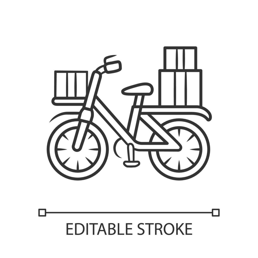 Bicycle delivery linear icon. Bike with parcel packages. Bicycle messenger, cycle courier. Express bike shipping. Postal service. Contour symbol. Vector isolated outline drawing. Editable stroke