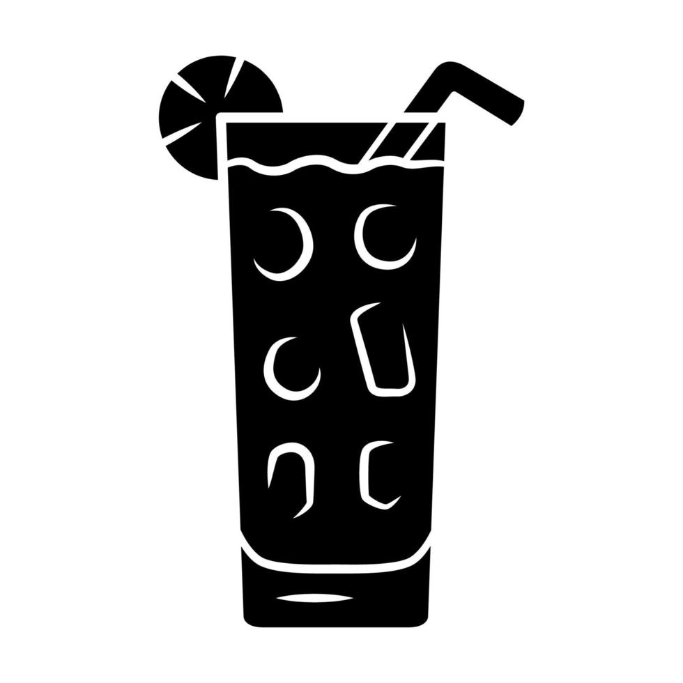 Cocktail in highball glass glyph icon. Summer icy refreshing soft drink with slice of lemon and straw. Gin and tonic. Silhouette symbol. Negative space. Vector isolated illustration