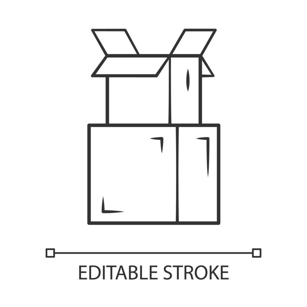 Cardboard boxes pile linear icon. Parcel packing. Empty open carton boxes for wrapping order. Goods storage crates stack. Thin line illustration. Vector isolated outline drawing. Editable stroke