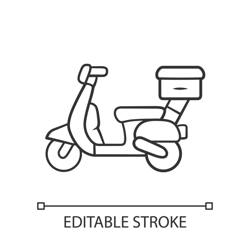 Scooter delivery linear icon. Motorcycle with parcels. Motorbike transporting packages. Motor bike courier, messenger. Postal service. Contour symbol. Vector isolated outline drawing. Editable stroke