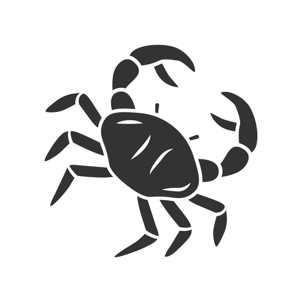 Crab glyph icon. Swimming sea animal with pincers. Zodiac sign. Underwater creature. Ocean aquarium. Seafood restaurant. Delicacy food. Silhouette symbol. Negative space. Vector isolated illustration