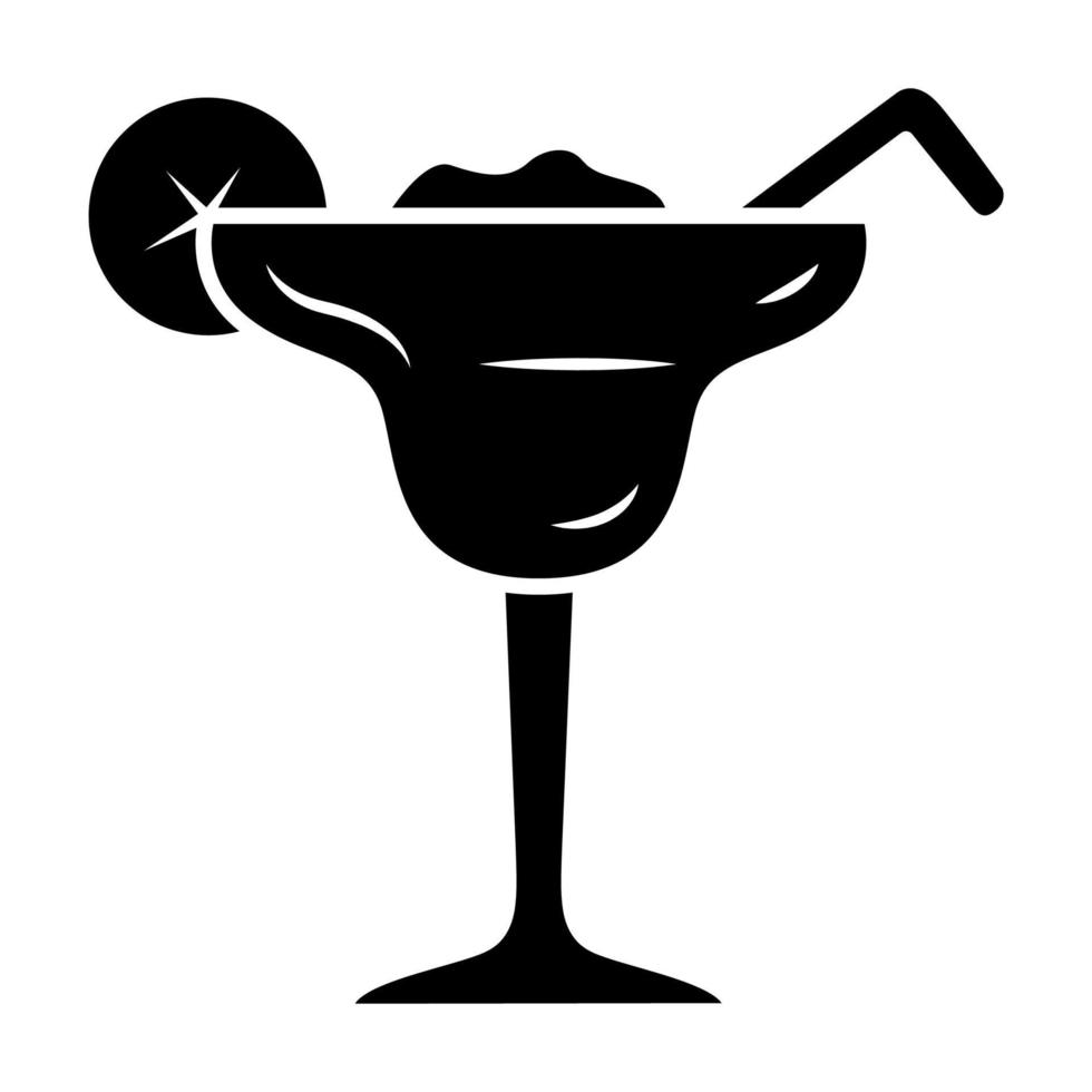 Margarita glyph icon. Footed glass with icy drink, lemon slice, straw. Cocktail with tequila, liqueur, lime juice. Refreshing beverage. Silhouette symbol. Negative space. Vector isolated illustration