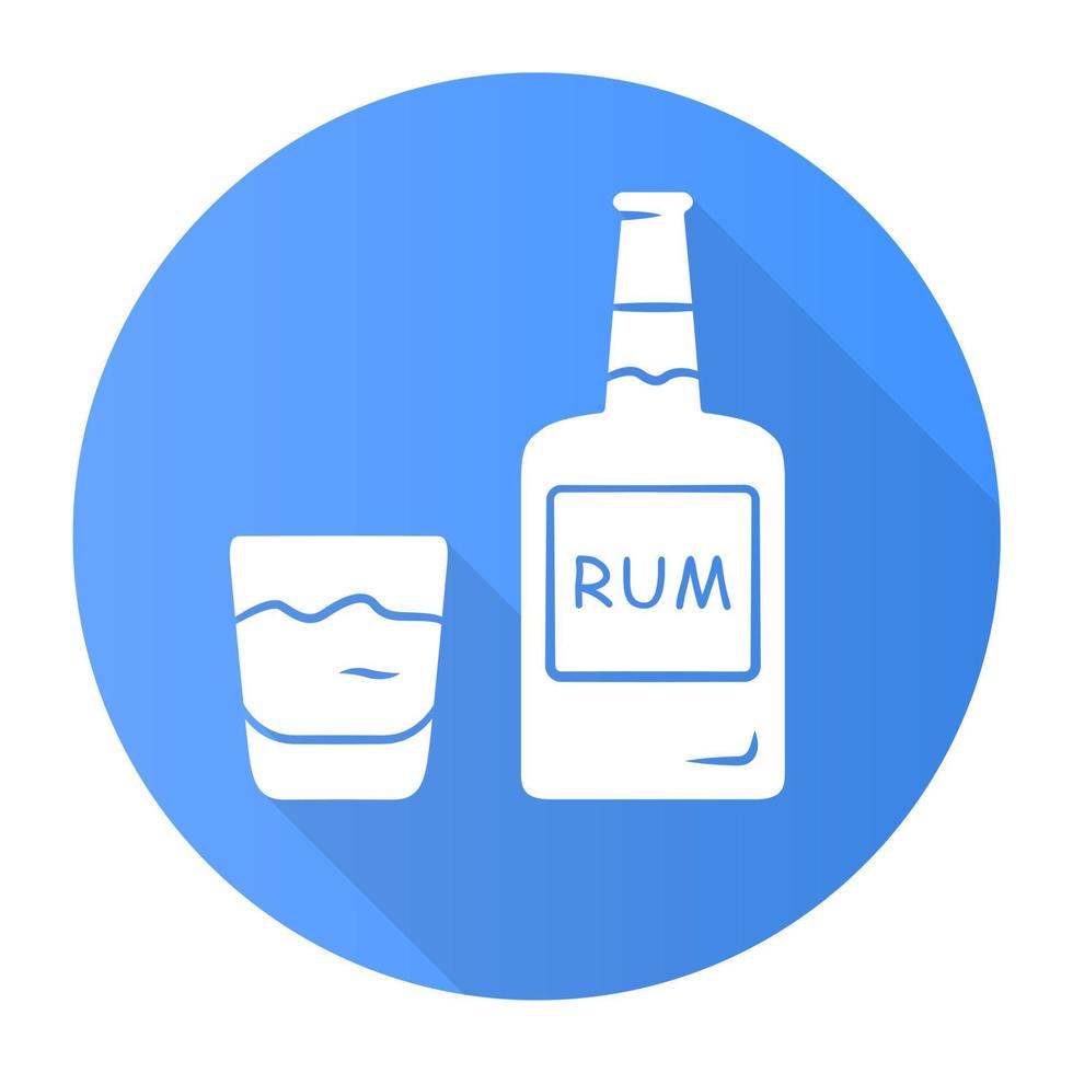 Rum blue flat design long shadow glyph icon. Bottle and old-fashioned glass with alcoholic drink. Alcohol bar beverage consumed for cocktails. Vector silhouette illustration